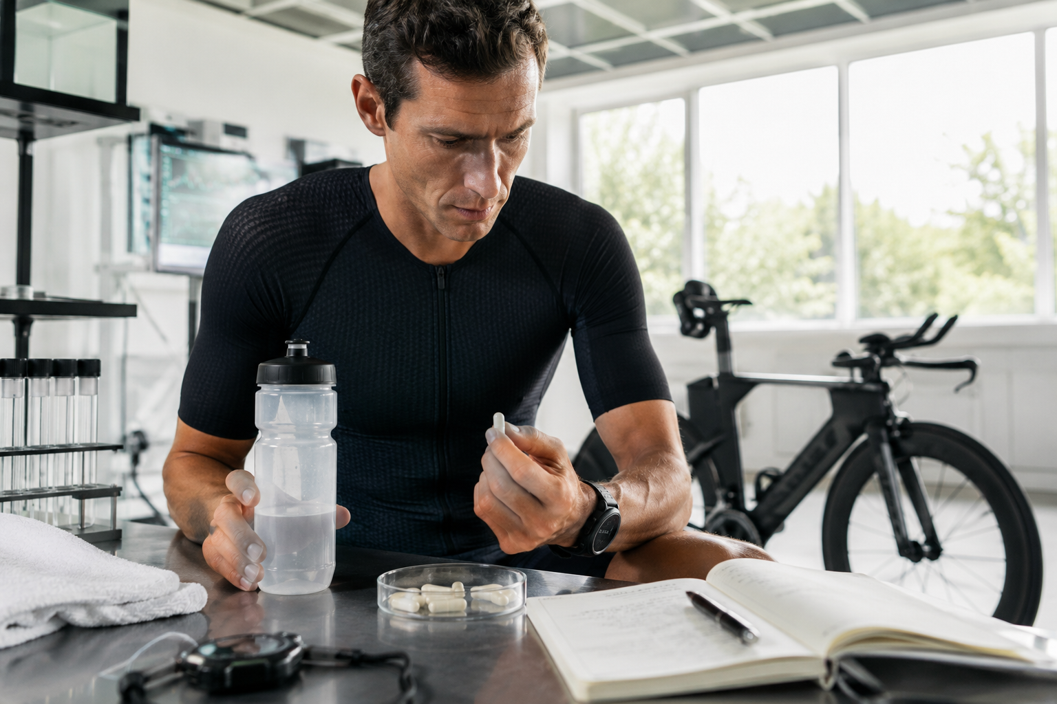 Triathlete preparing a bicarbonate protocol in a performance-focused training setup