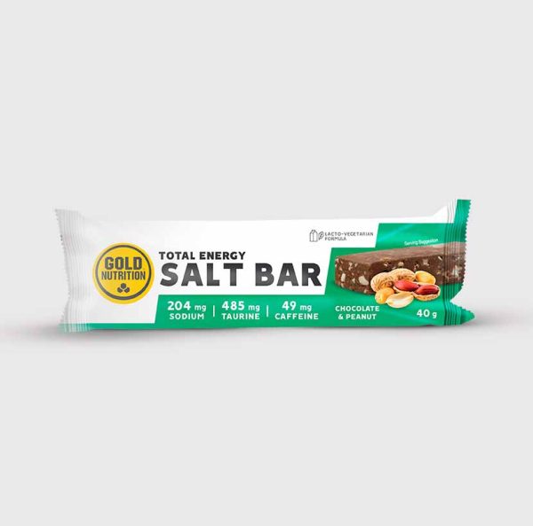 GoldNutrition Total Energy Salt Bar with chocolate and peanut flavor, showing a single-serving energy bar with nuts and chocolate coating.