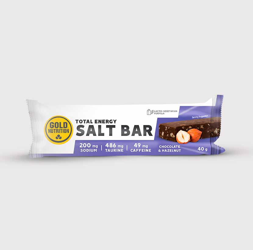 GoldNutrition Total Energy Salt Bar with chocolate and peanut flavor, showing the single-serve energy snack bar.