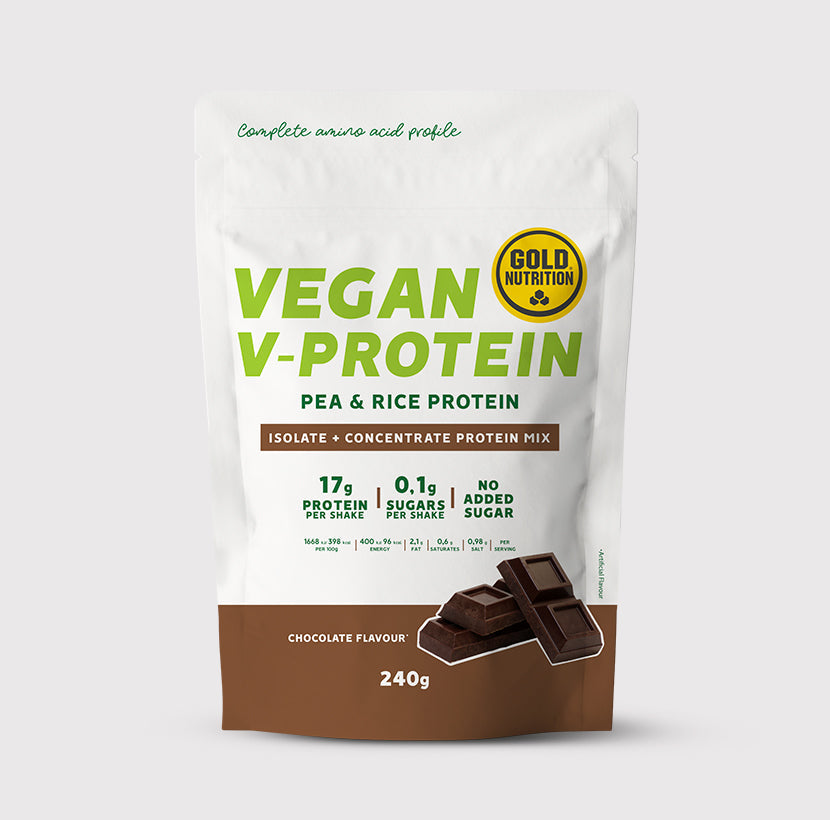 GoldNutrition V-Protein Hazelnut 240g vegan protein powder container and serving image