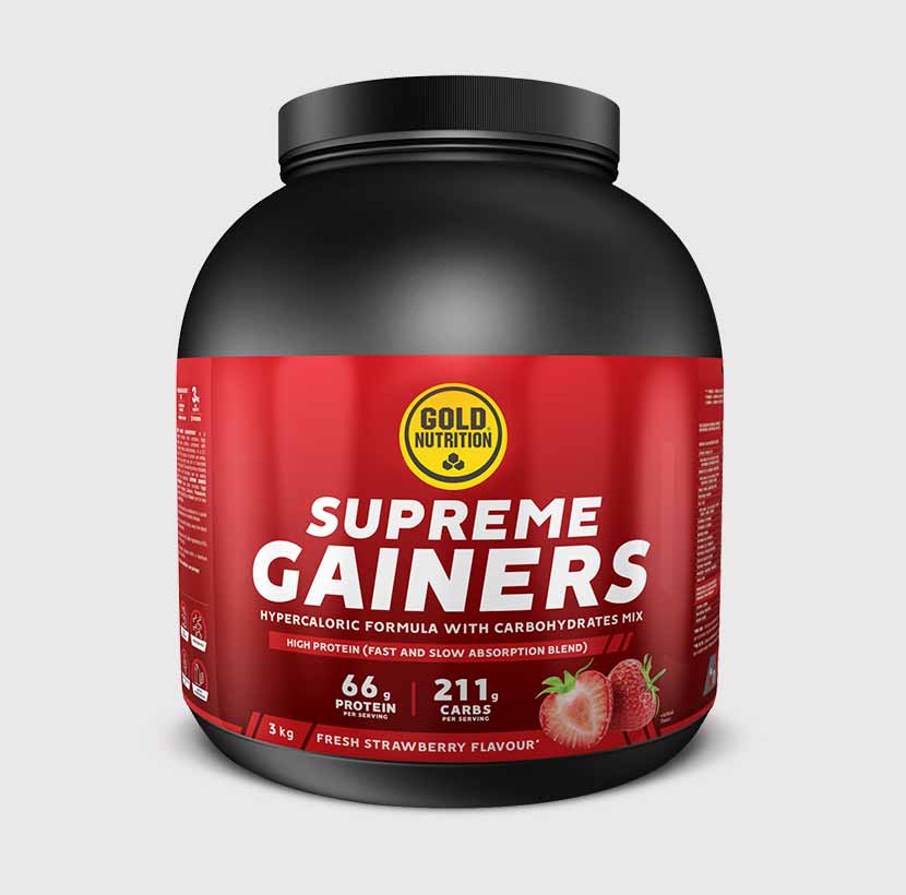 GoldNutrition Supreme Gainers vanilla powder tub with scoop and label visible.