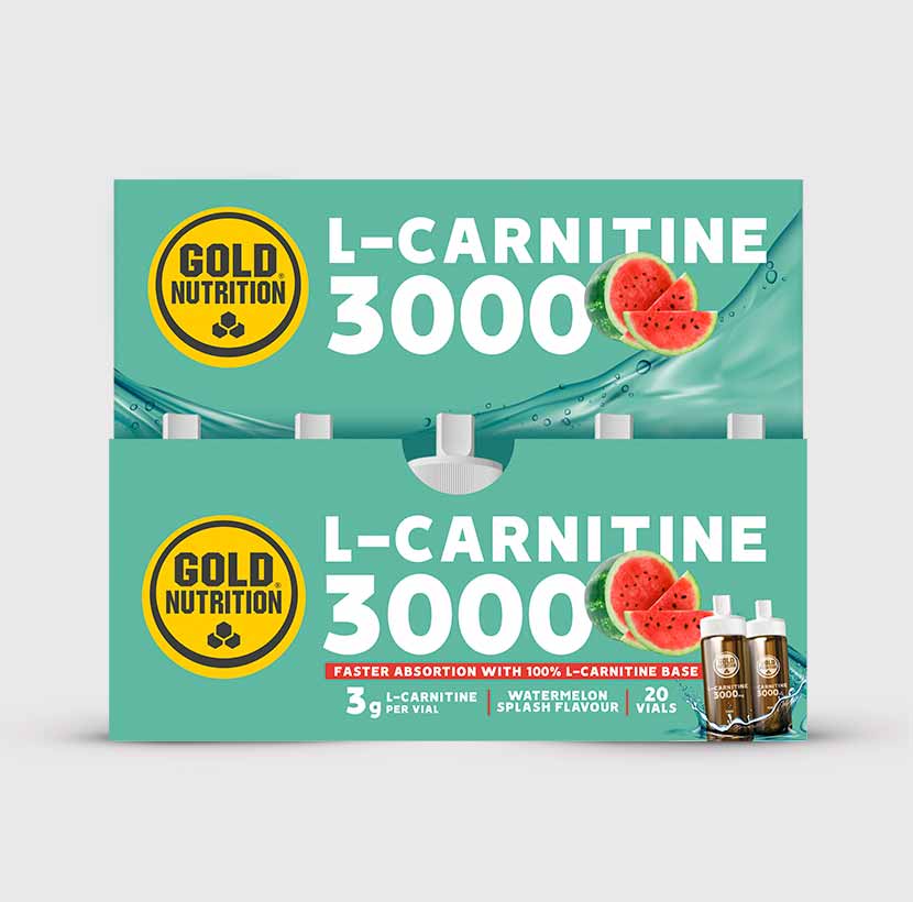 GoldNutrition L-Carnitine 3000 liquid supplement vial in lemon flavour packaging.