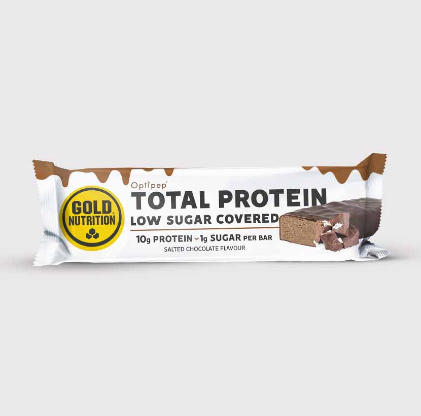 GoldNutrition Total Protein Low Sugar Covered Bar strawberry chocolate single-serve package.