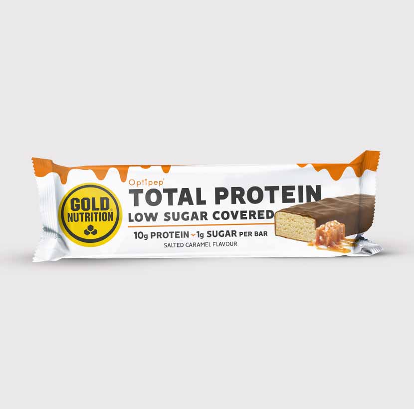 GoldNutrition Total Protein Low Sugar Covered Bar strawberry chocolate package front view.