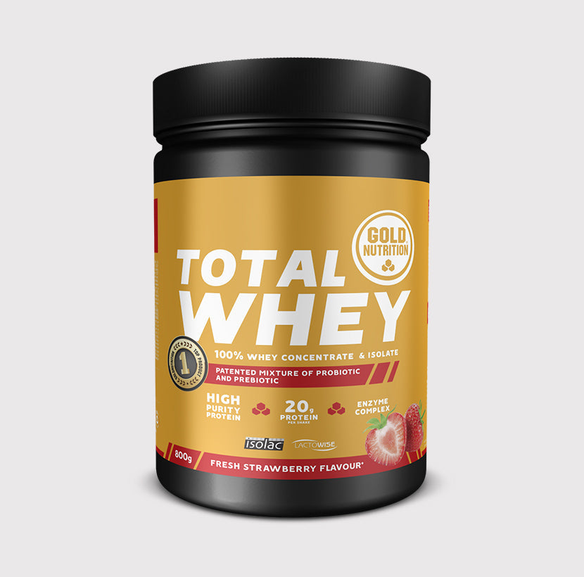 GoldNutrition Total Whey 800g protein powder packaging with serving and label details.
