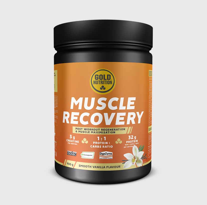 GoldNutrition Muscle Recovery Drink Powder 900g Vanilla tub label view.