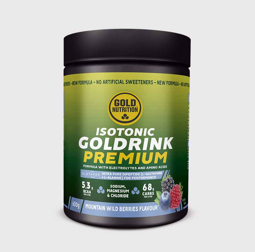 GoldNutrition GOLDRINK PREMIUM vitamins and supplements container with colorful labeling and nutritional information visible.