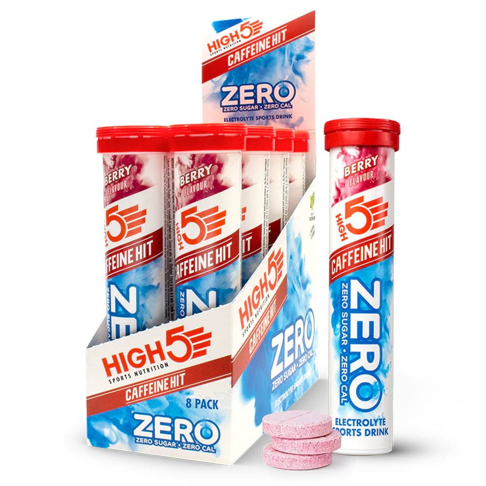 HIGH5 ZERO Caffeine Hit Electrolyte Tablets Berry product tube with branded packaging.