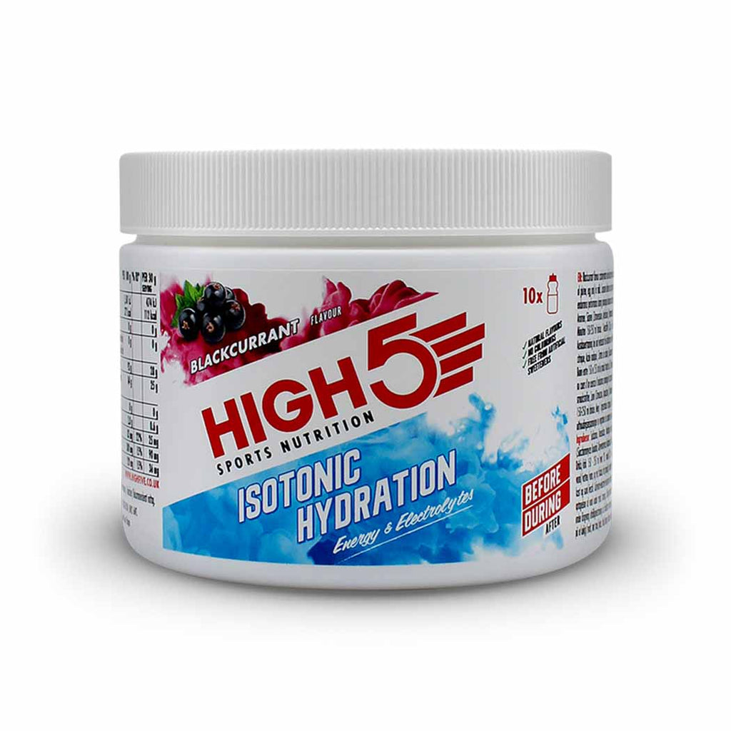 HIGH5 Isotonic Hydration Drink Powder 300g Blackcurrant tub with product label.