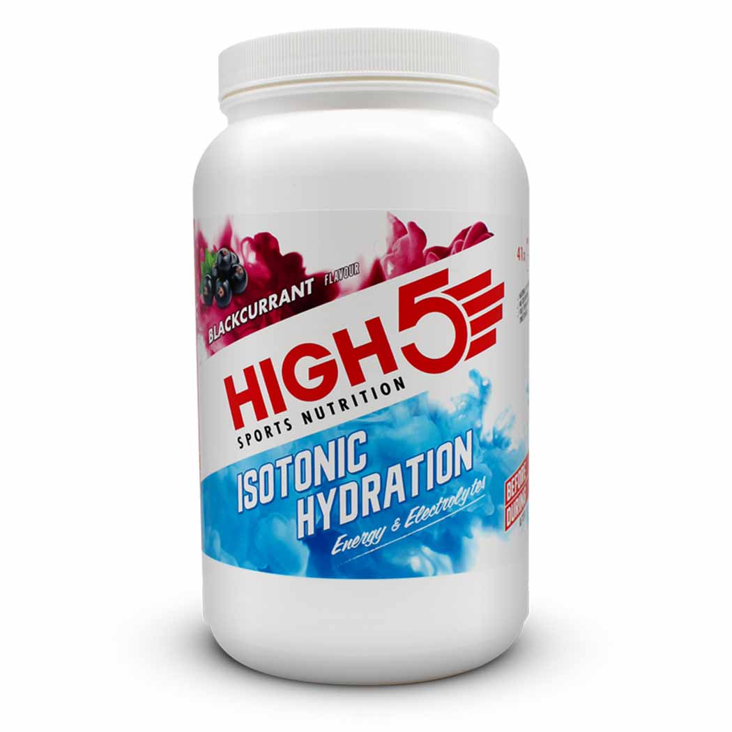 HIGH5 Isotonic Hydration Drink Powder tub and label showing sports drink mix format.