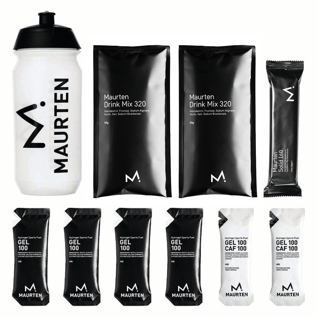 Maurten Marathon Pack Caffeinated includes energy gels and hydration products for endurance running, branded Maurten.