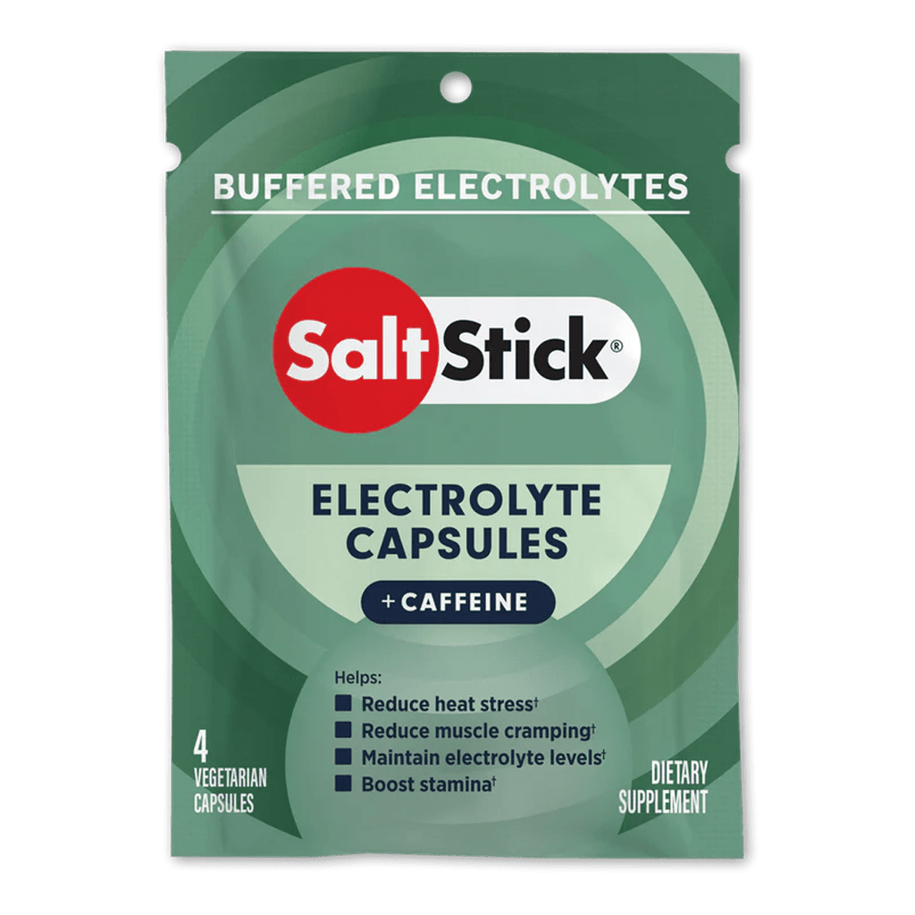 Packet of SaltStick Caps PLUS electrolyte capsules from SaltStick, showing four blister packs of dietary supplement capsules.