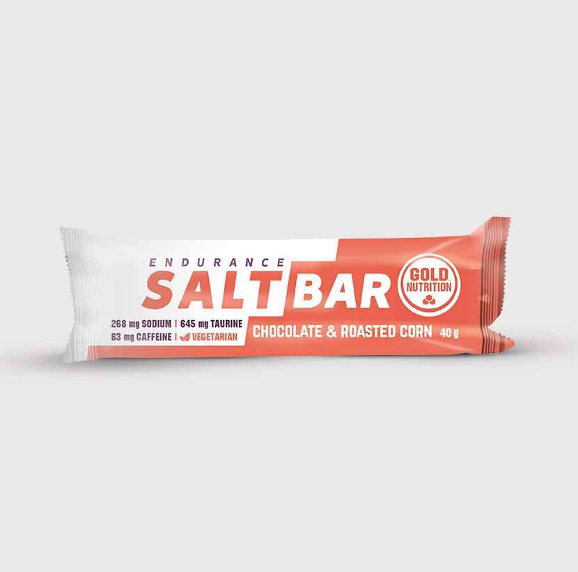 GoldNutrition Total Energy Salt Bar with chocolate and peanut flavor, showing the single-serve energy bar wrapped in packaging.