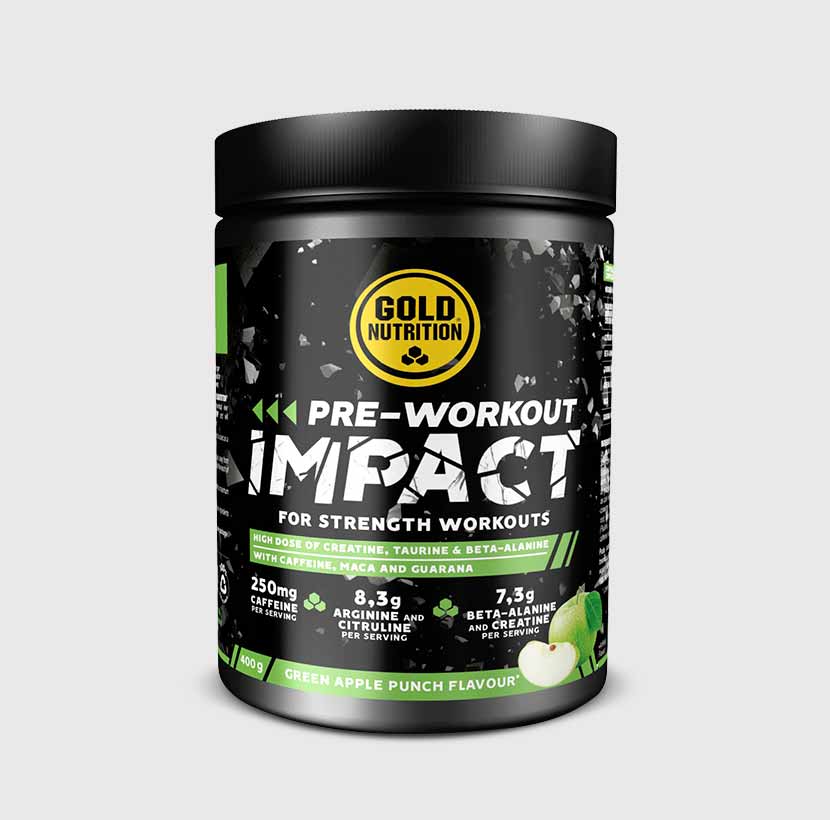GoldNutrition Pre-Workout Impact powder in green apple flavor, showing the colorful supplement container and scoop.