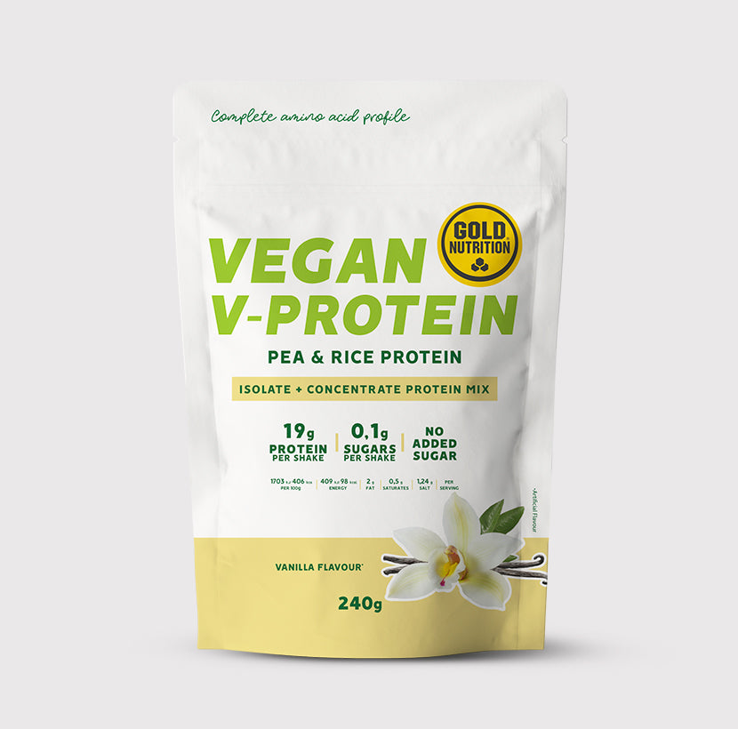 GoldNutrition V-Protein Hazelnut 240g vegan protein powder container with label detail