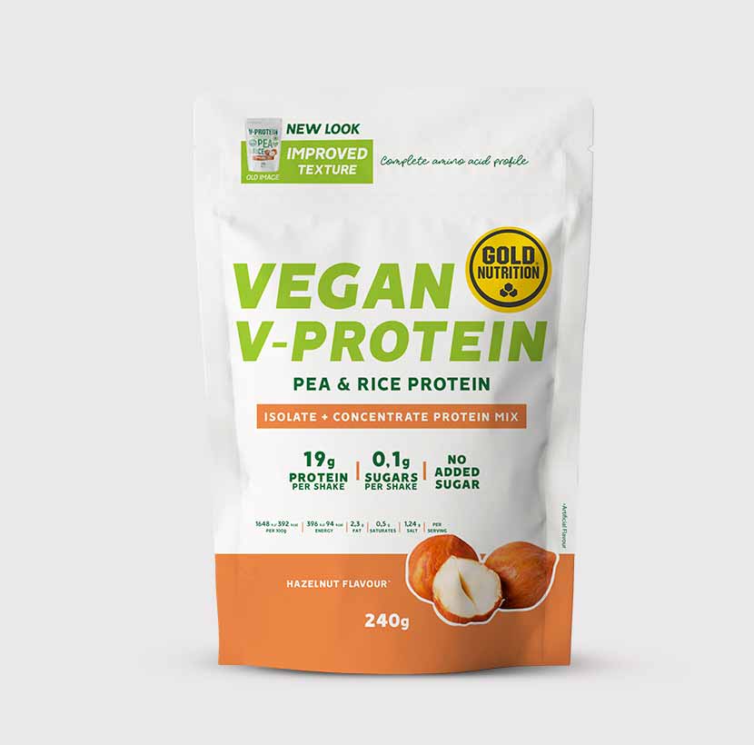 GoldNutrition V-Protein Hazelnut vegan protein powder container with hazelnut flavour imagery