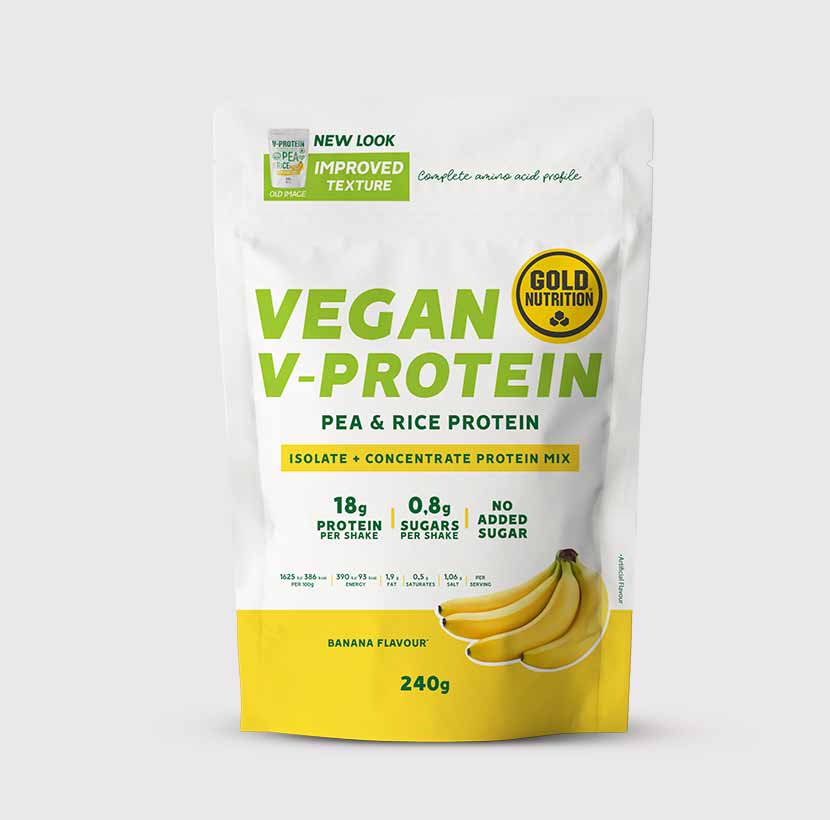 GoldNutrition V-Protein Hazelnut 240g vegan protein powder close-up packaging view