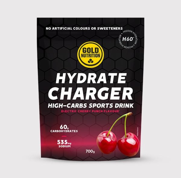 GoldNutrition Hydrate Charger H60 electrolyte supplement powder in a resealable bag for rehydration and sports recovery.