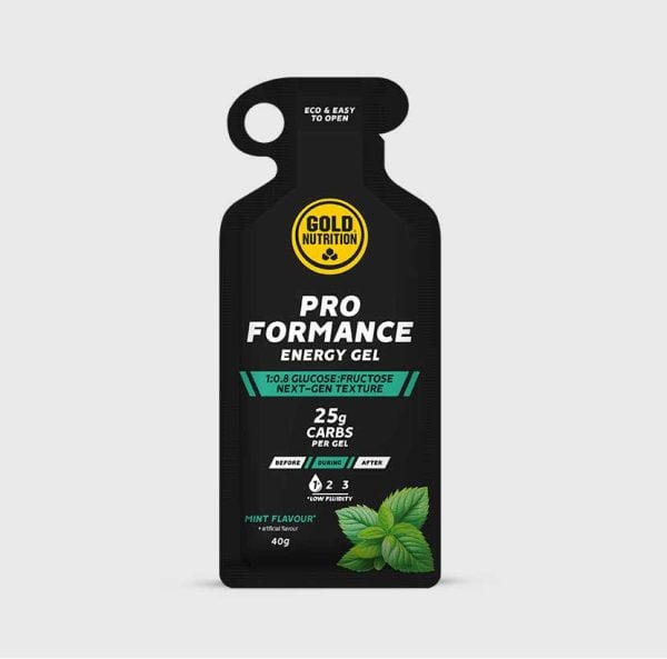 GoldNutrition ProFormance Energy Gel in lemon flavor, single-serve packet, designed for quick energy boost during exercise.