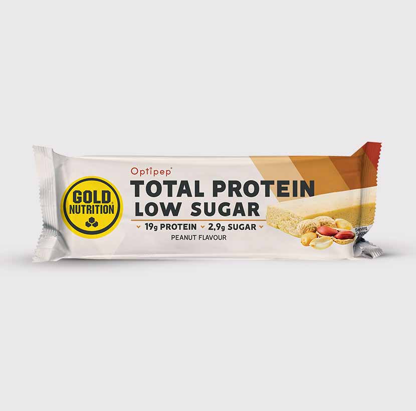 GoldNutrition Total Protein Low Sugar Bar package with product label visible.
