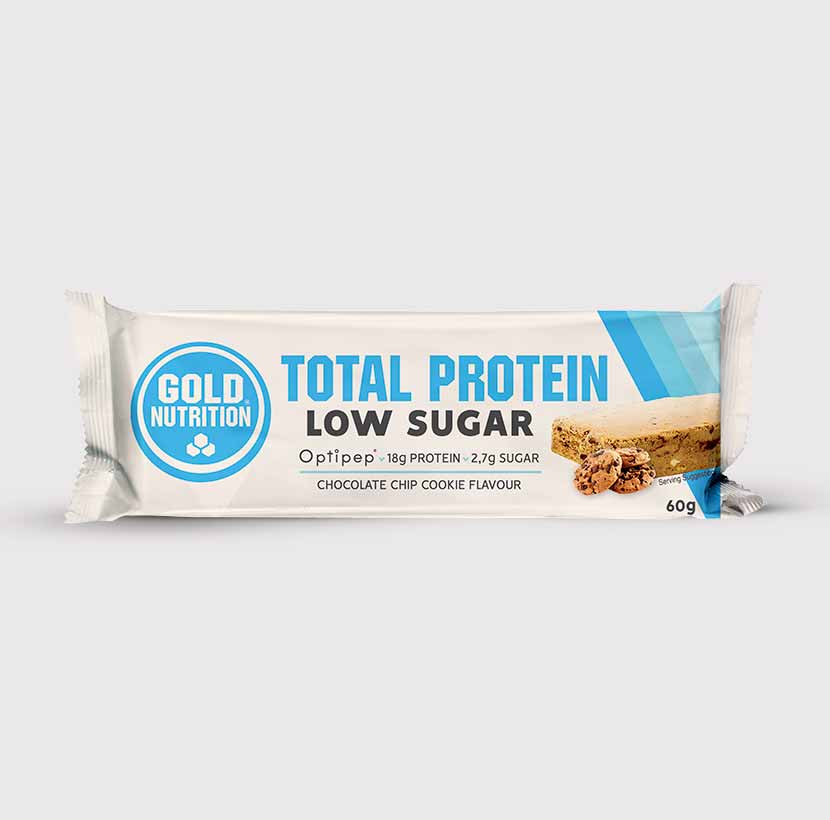 GoldNutrition Total Protein Low Sugar Bar single bar wrapper on white background.