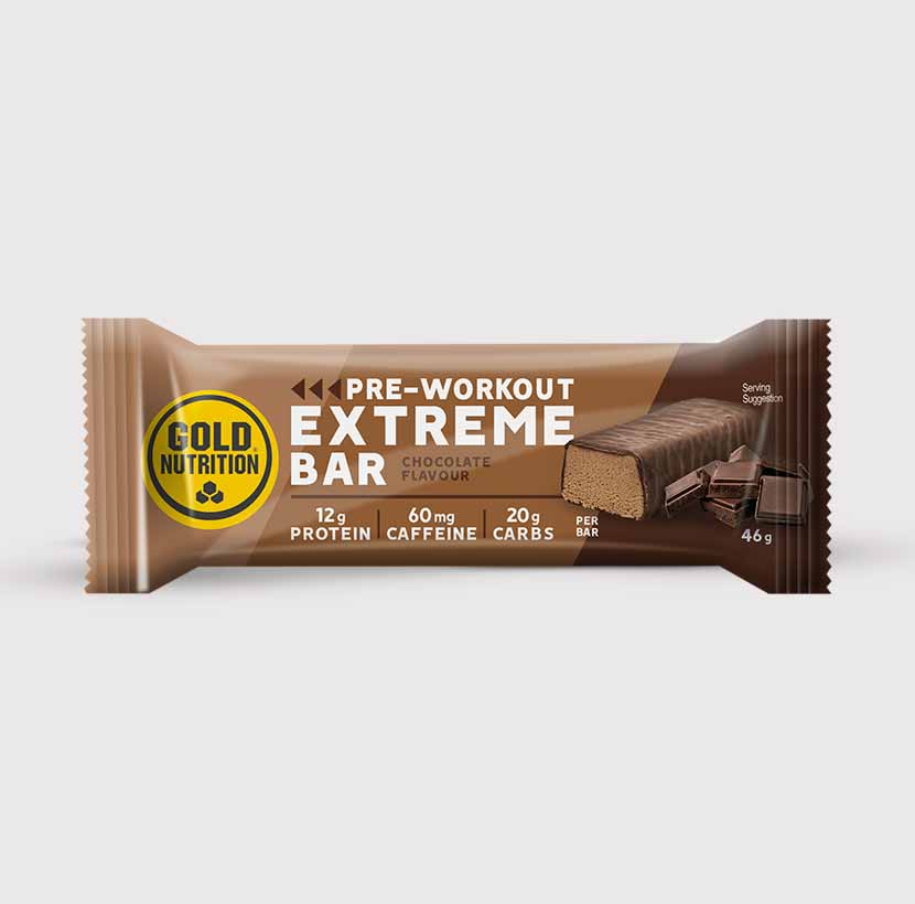 GoldNutrition Pre-Workout Extreme Energy Bar single-serve wrapper with 60mg caffeine label details.
