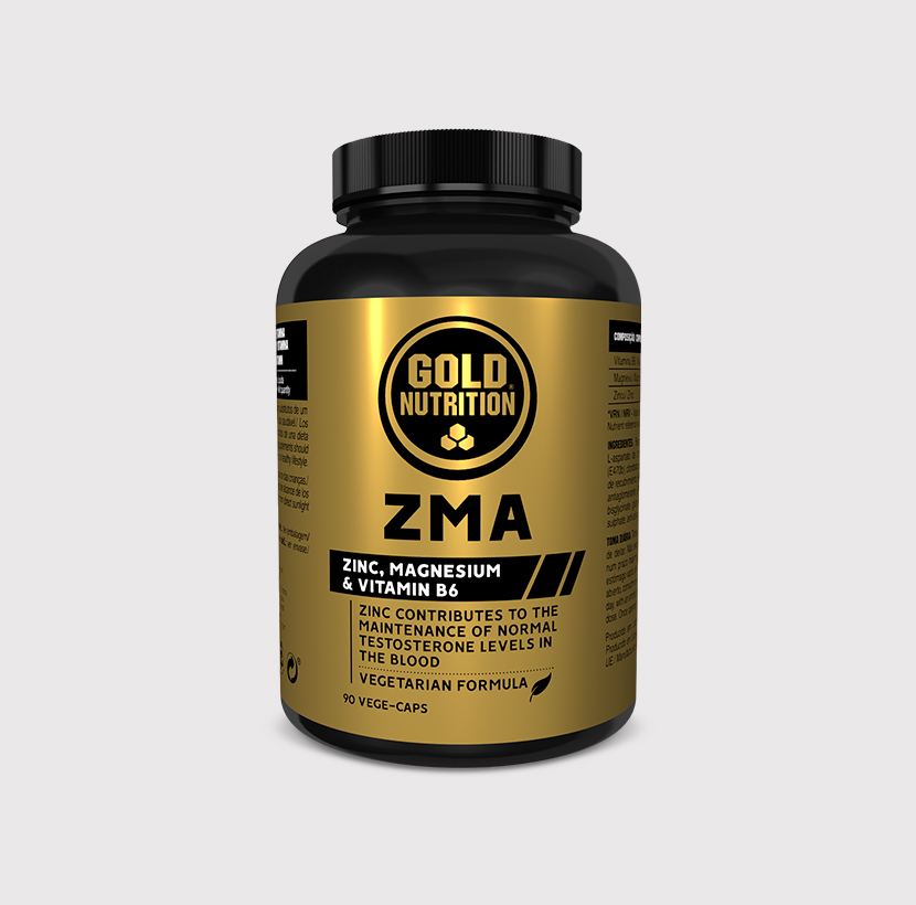 Bottle of GoldNutrition ZMA mineral supplement with 90 capsules, designed to support muscle recovery and sleep.