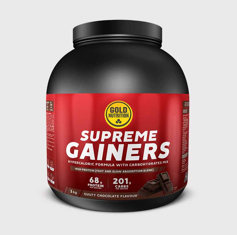 GoldNutrition Supreme Gainers high-calorie protein and carbohydrate powder tub.