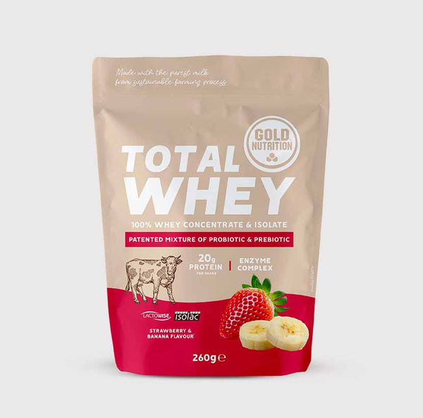 GoldNutrition Total Whey vanilla protein powder in a 260g container, showing the label and packaging.