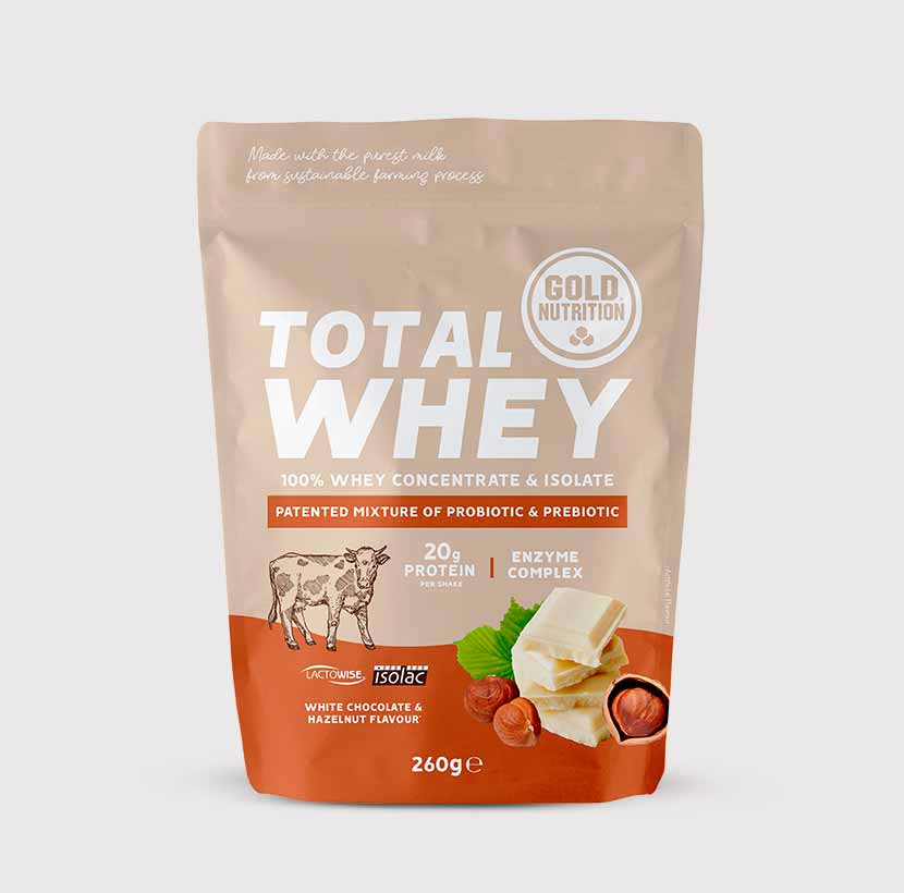 GoldNutrition Total Whey vanilla protein powder in 260g container, showing the product packaging with vanilla flavor label.
