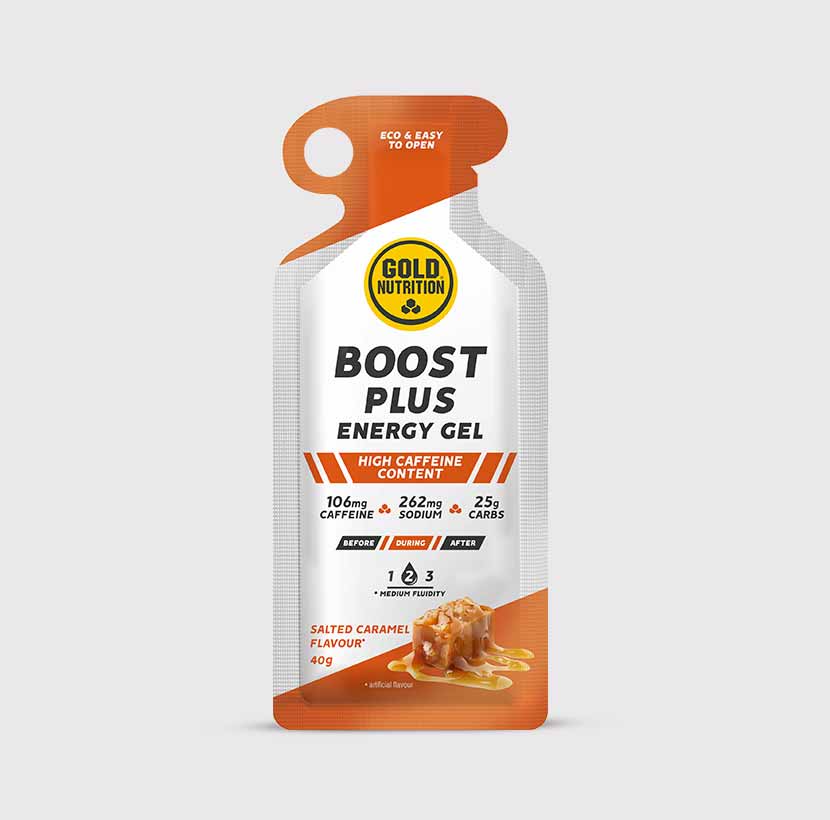 GoldNutrition Boost Plus Energy Gel Salted Caramel sachet packaging