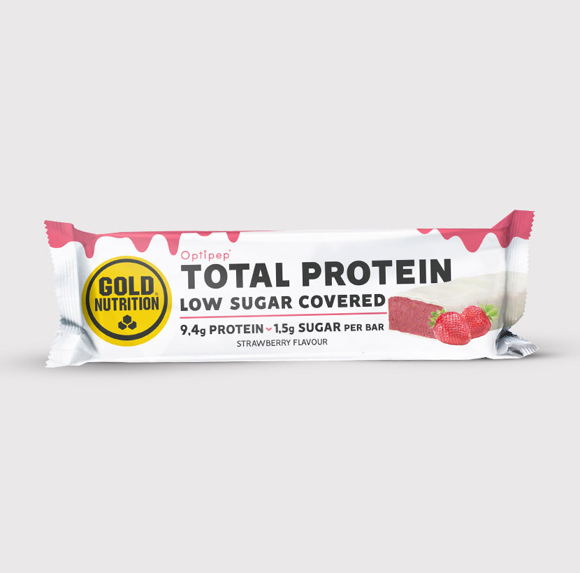 GoldNutrition Total Protein Low Sugar Covered Bar strawberry chocolate package ingredient view.