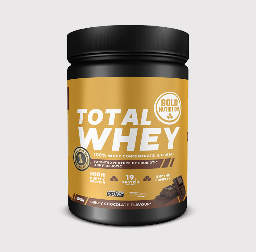 GoldNutrition Total Whey 800g protein powder tub with label details visible.