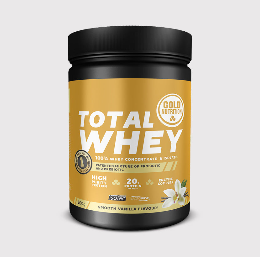 GoldNutrition Total Whey 800g tub and product label for whey protein powder.