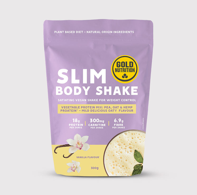 GoldNutrition Slim Body plant protein shake powder with serving scoop.