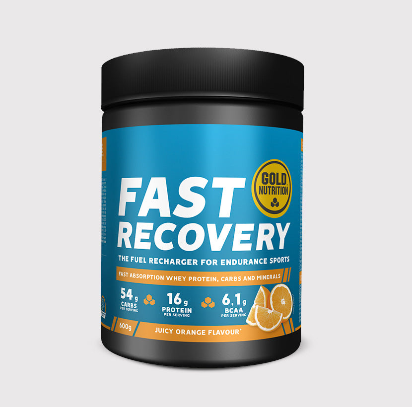 GoldNutrition Fast Recovery Drink Powder tub with label detail.