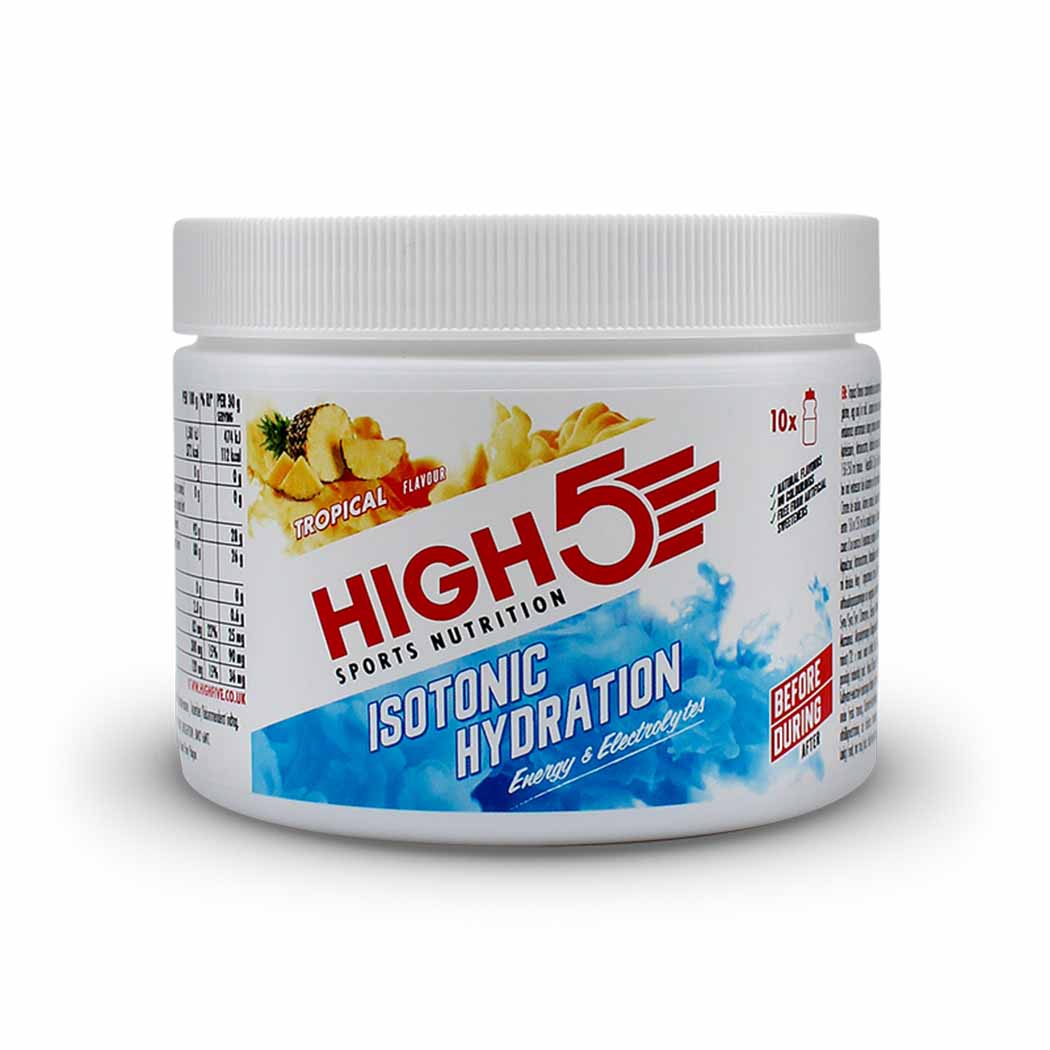 HIGH5 Isotonic Hydration Drink Powder tub showing Blackcurrant flavour label and cap.