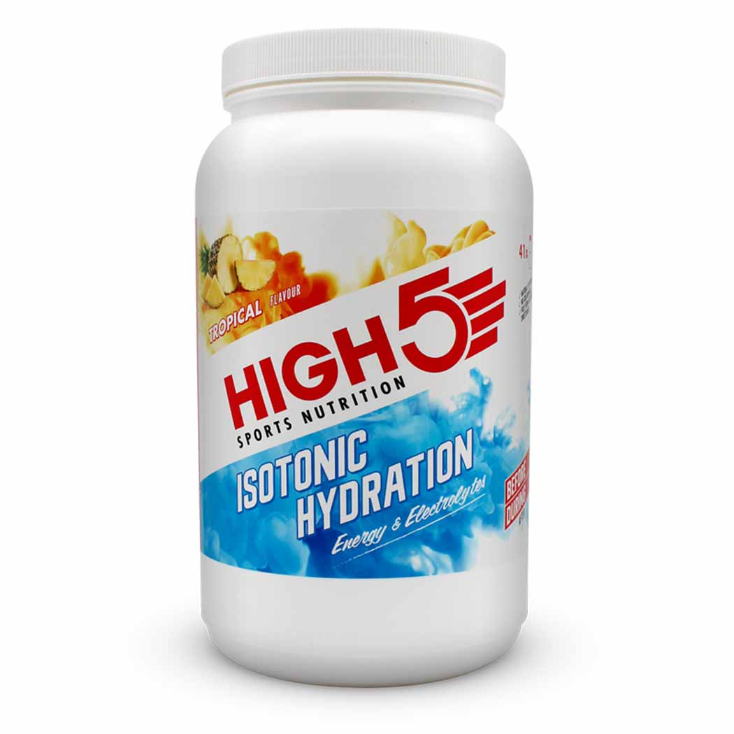 HIGH5 Isotonic Hydration Drink Powder product tub showing flavour and serving information.