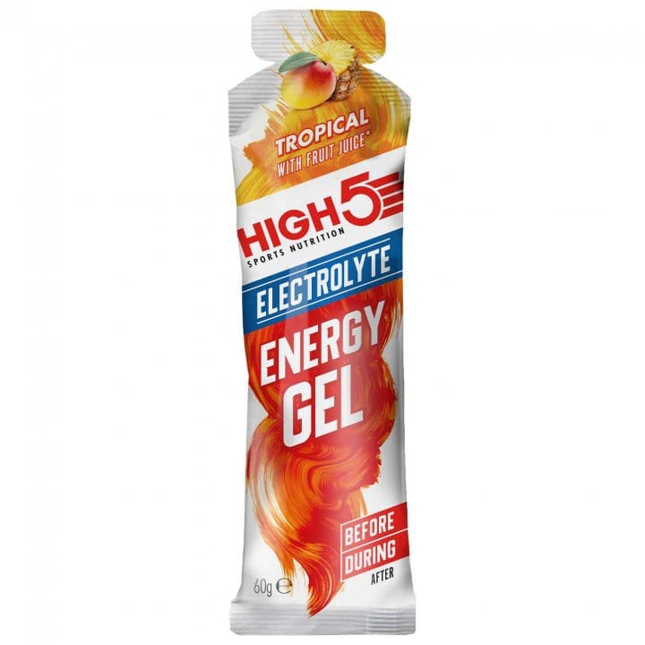 HIGH5 Energy Gel with Electrolytes Raspberry sachet in portable gel packet format.