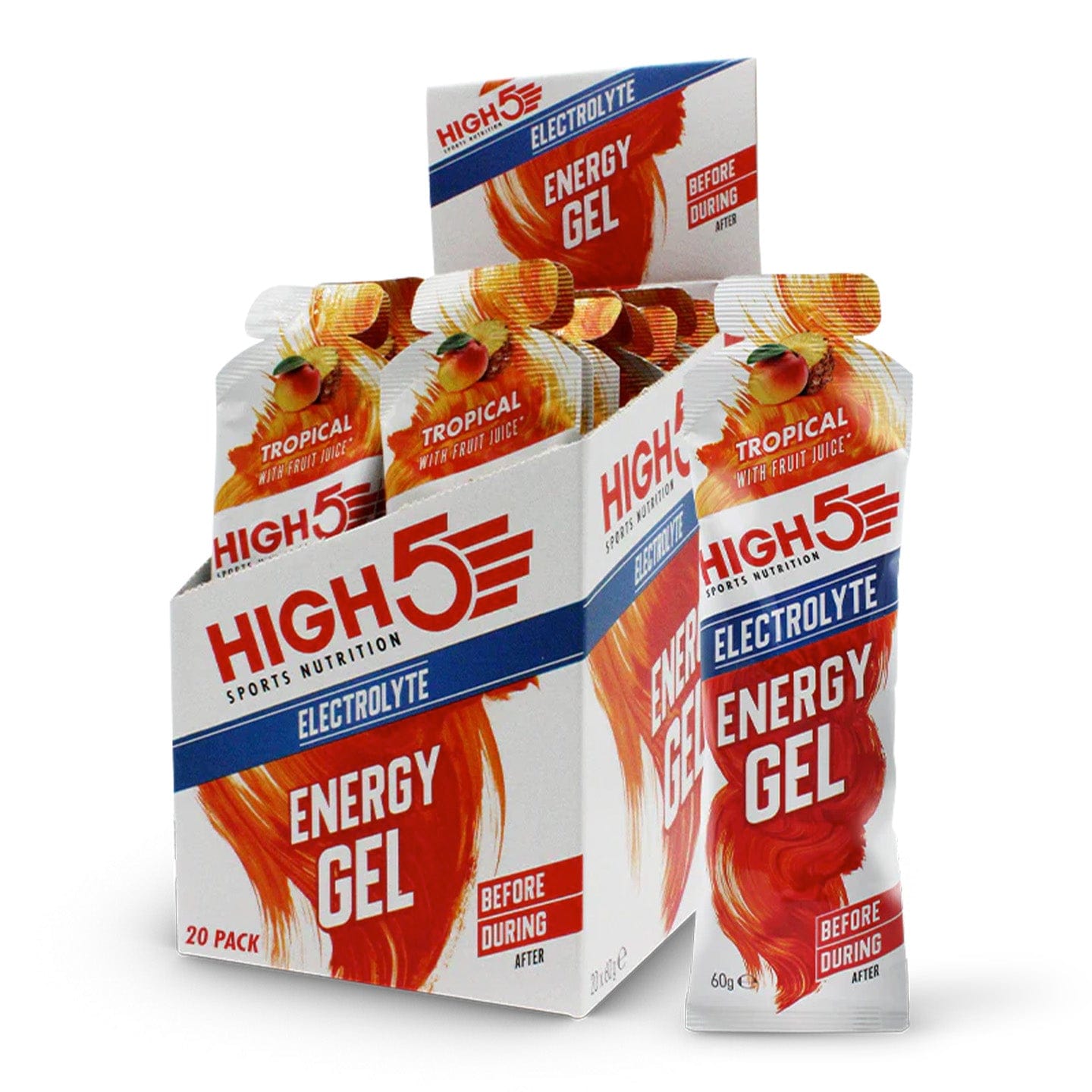 HIGH5 Energy Gel with Electrolytes Raspberry single-serve gel sachet product view.