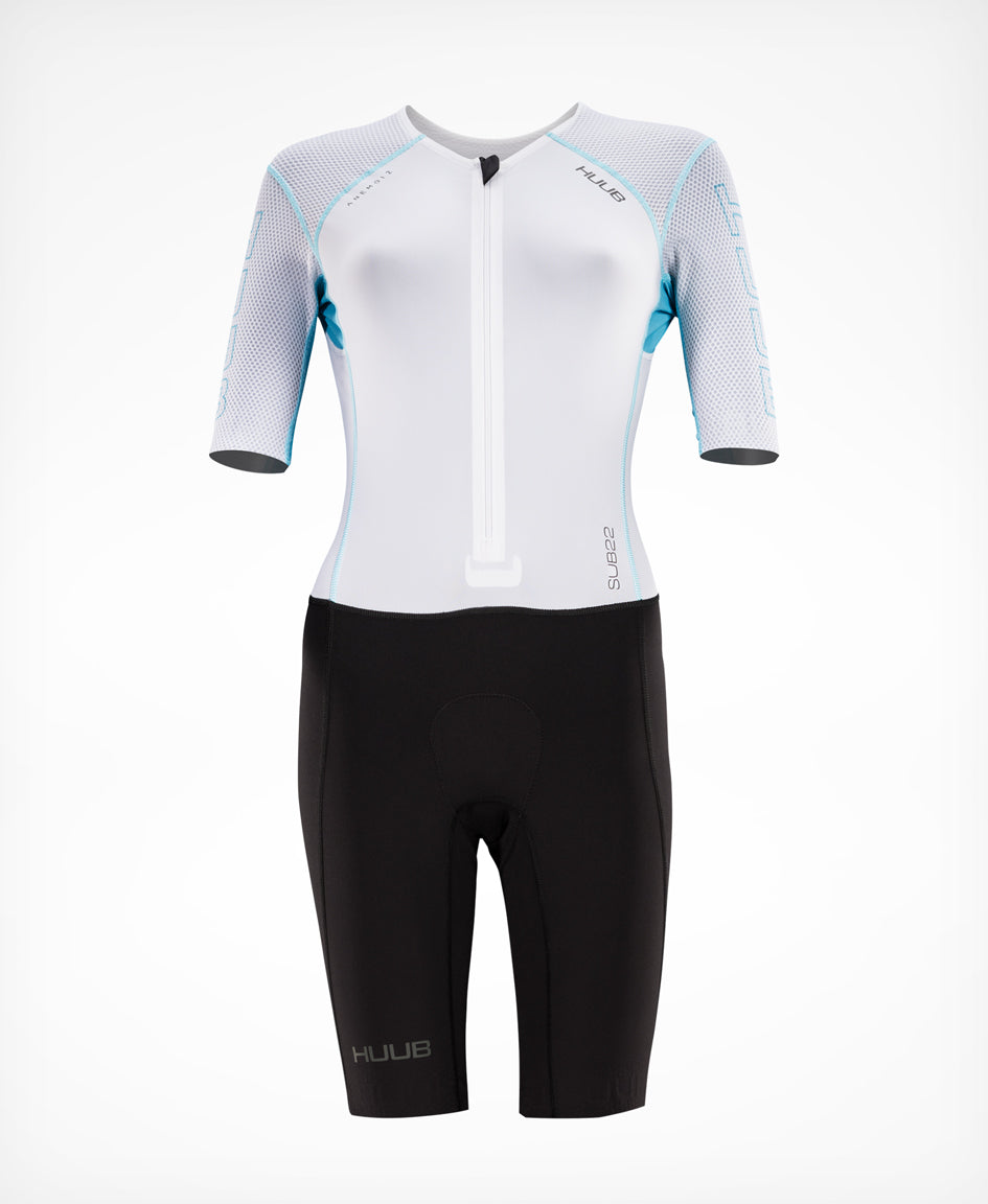 HUUB Anemoi 2 women's tri suit in White/Aqua front product view.
