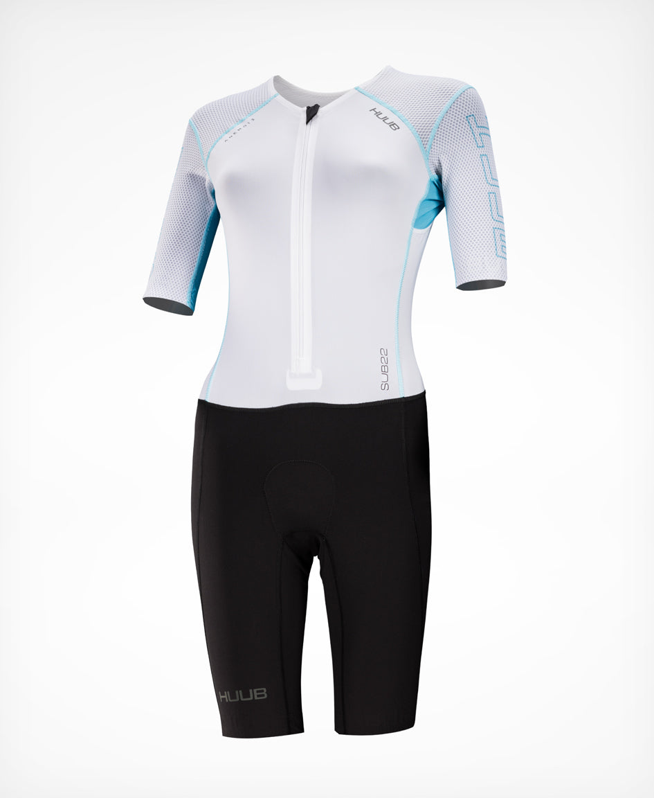 HUUB Anemoi 2 women's triathlon suit in White/Aqua side product view.
