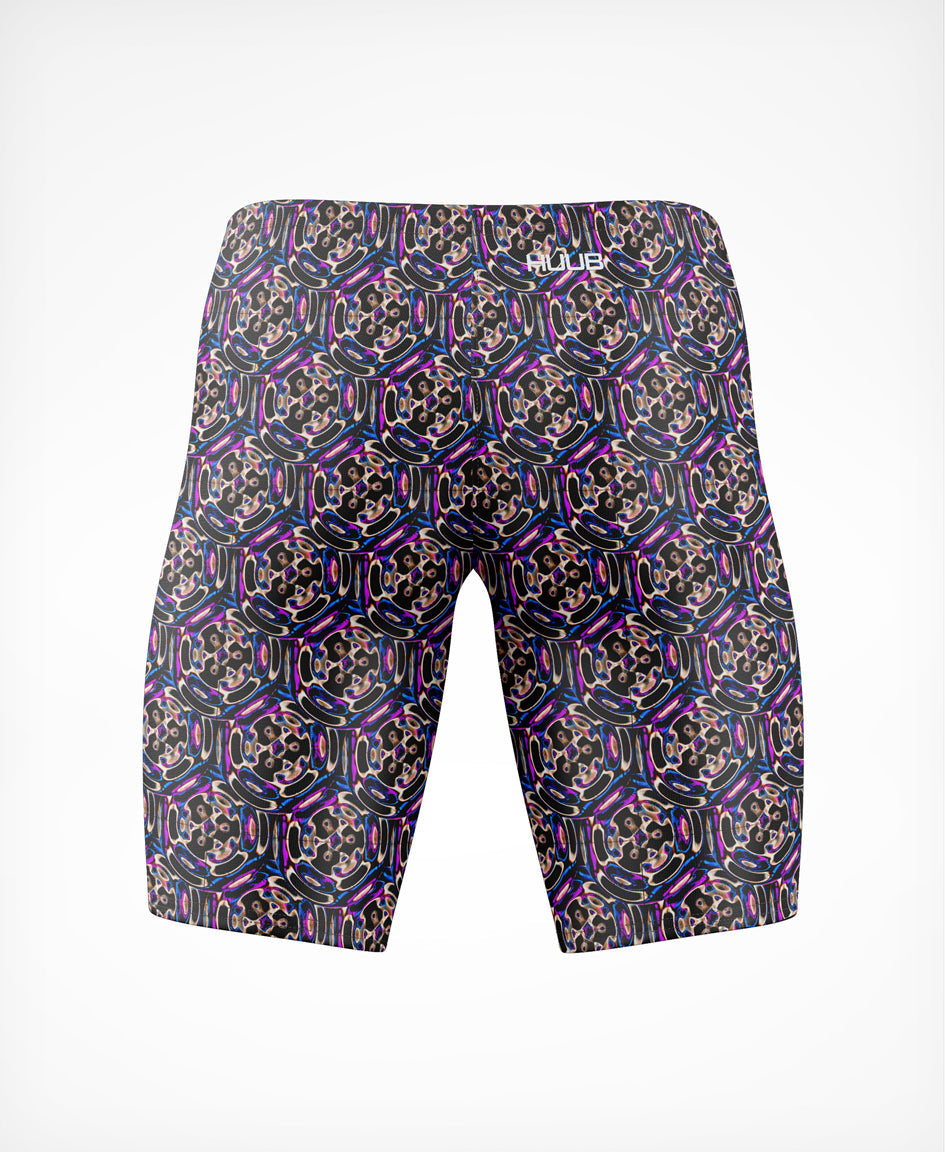 HUUB Swim Training Jammer – Bright 2, Soundwave, Black, chlorine-resistant, secure men’s swim shorts.