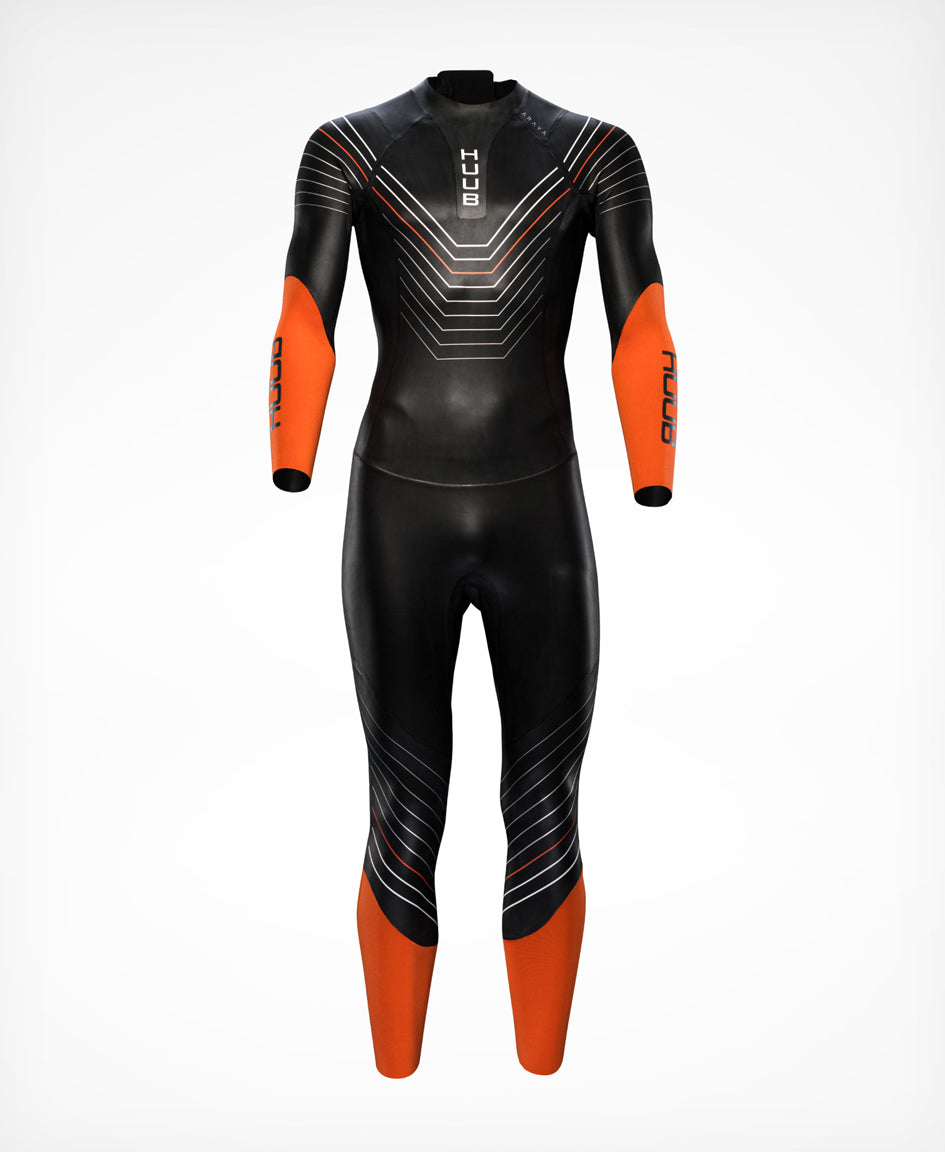 HUUB Araya men's triathlon wetsuit front view with black neoprene panels