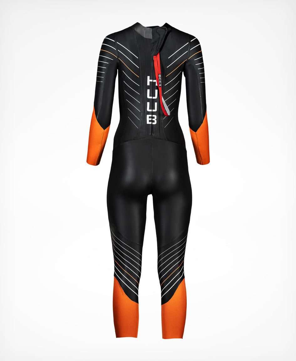 HUUB Araya women's triathlon wetsuit rear view with back zip and panel layout
