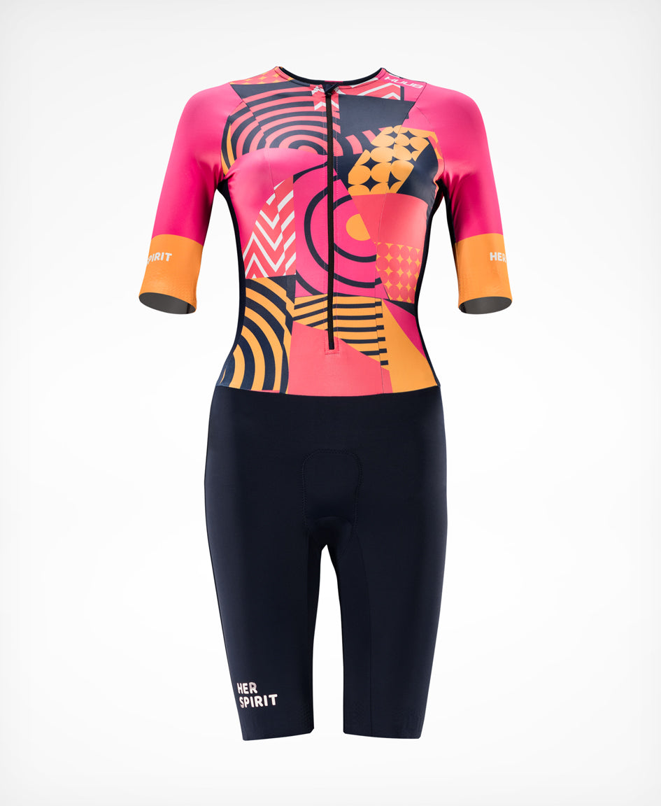 HUUB Her Spirit women's Patchwork long course tri suit rear view with mesh back.