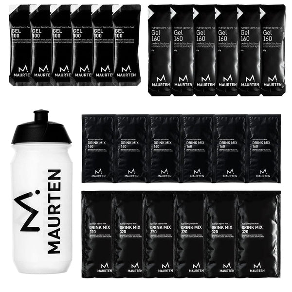 Maurten Gel & Drink Pack featuring energy gels and hydration drinks in various flavors, designed for athletic performance.