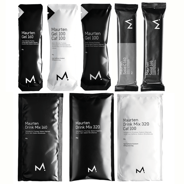 Maurten Sample Pack featuring various hydration and energy gels in colorful packaging for athletes and sports enthusiasts.