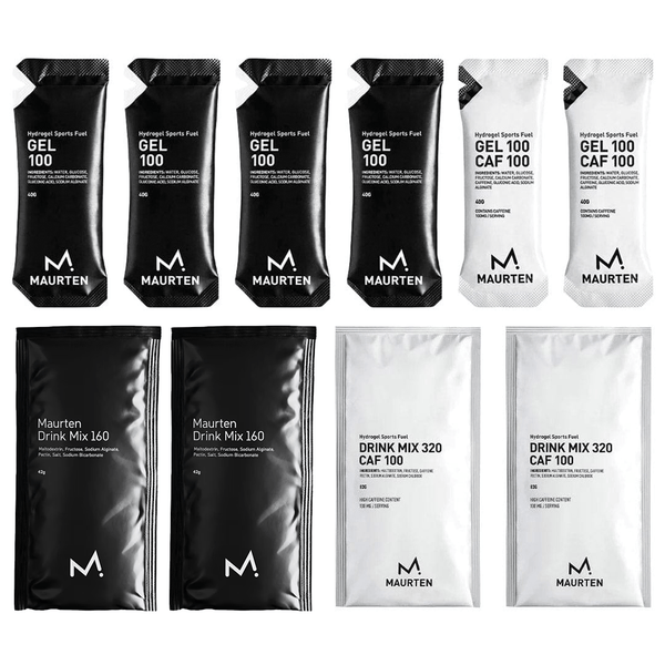 Maurten Caffeinated Trial Pack featuring energy gels and drinks for athletes, with colorful packaging and product labels.