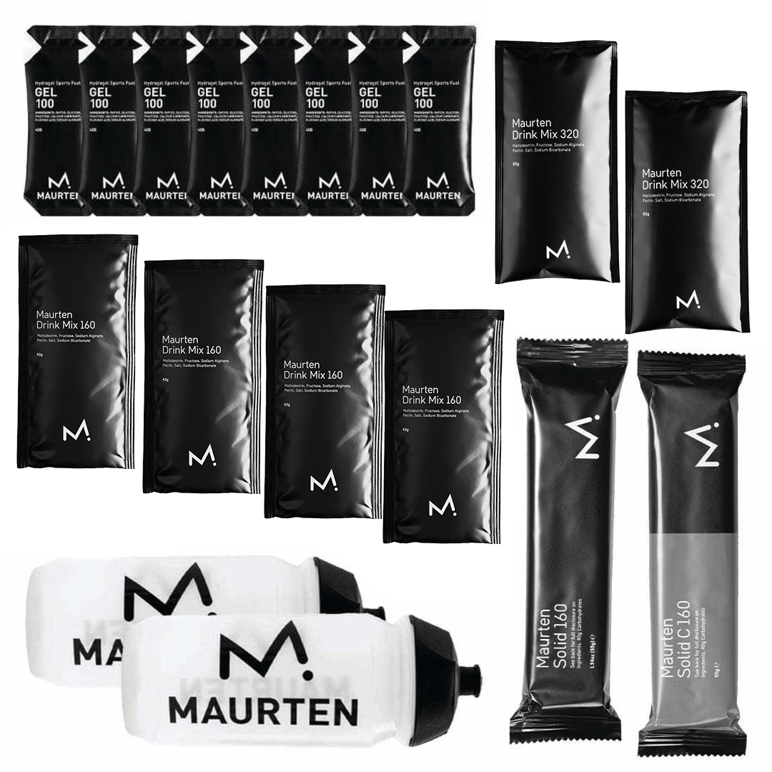 Maurten Triathlon Pack featuring energy gels and hydration products for endurance athletes, in a compact, branded package.